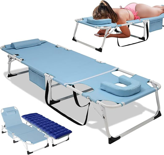 DoCred 3 in 1 Sun Tanning Chair Oversized with Face Arm Hole, Heavy Duty Folding Chaise Lounge Chairs, 5-Position Outdoor Lounge Chair for Beach, Pool, Lawn, Yard, Patio