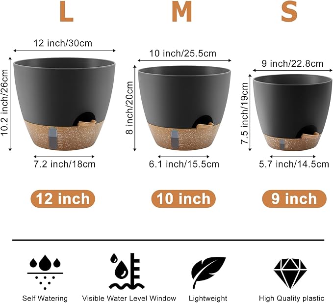 QRRICA 12/10/9 Inch Self-Watering Plant Pots with Water Level Indicator, Drainage Holes & Saucers – Large Plastic Planter Set for Indoor & Outdoor Plants(Black)