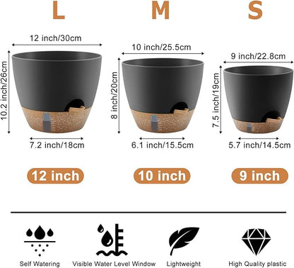 QRRICA 12/10/9 Inch Self-Watering Plant Pots with Water Level Indicator, Drainage Holes & Saucers – Large Plastic Planter Set for Indoor & Outdoor Plants(Black)