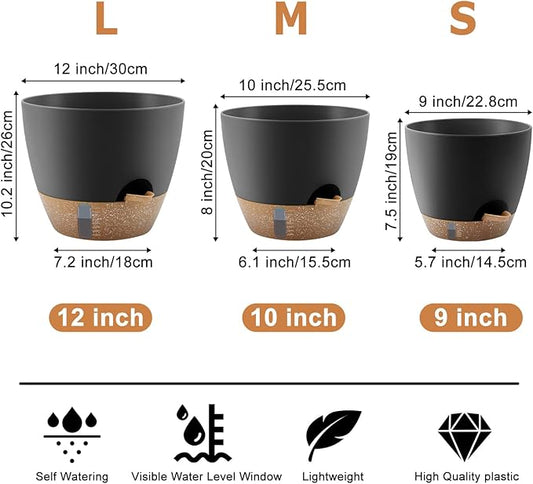 QRRICA 12/10/9 Inch Self-Watering Plant Pots with Water Level Indicator, Drainage Holes & Saucers – Large Plastic Planter Set for Indoor & Outdoor Plants(Black)