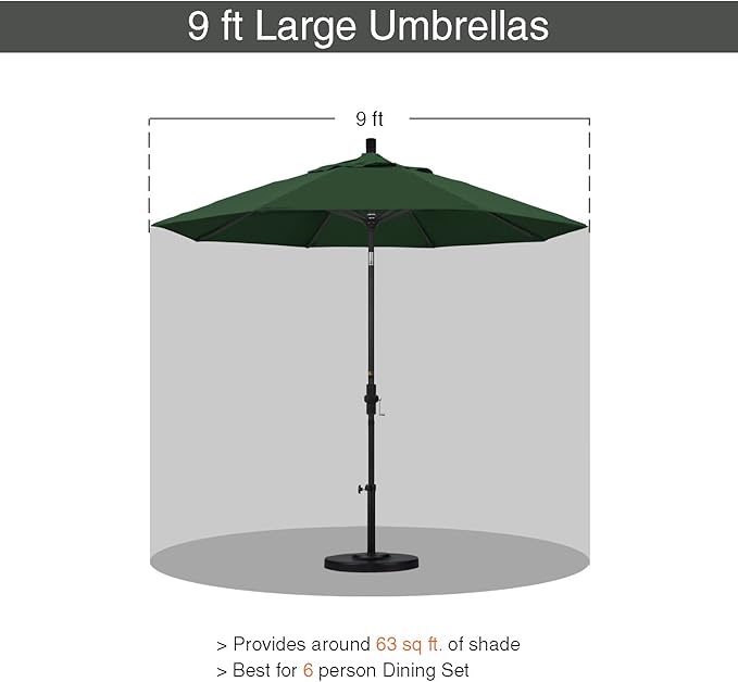 California Umbrella 9' Round Aluminum Outdoor Deck, Pool or Patio Umbrella, Crank Lift, Auto Tilt, Bronze Pole, Hunter Green Olefin