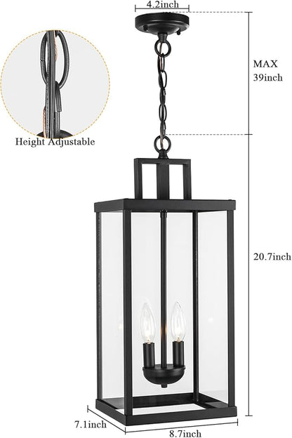 21'' Outdoor Pendant Lantern, 2-Light Modern Black Exterior Chandelier with Clear Glass, Hanging Porch Light for Patio, Yard, Foyer