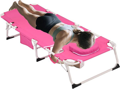 Outdoor Chaise Lounge with Detachable Pillow, Reclining Folding Chair with 5-Position Adjustable Back, Portable Tanning Chair For Beach, Pool, Lawn, Breathable Mesh Seat, No Assembly (Pink 2)