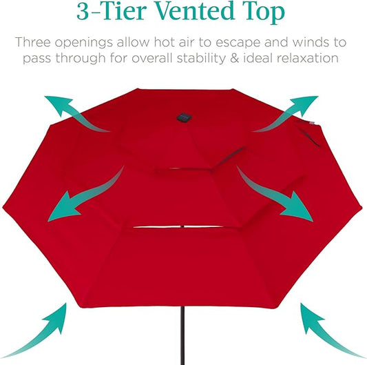Best Choice Products 10ft 3-Tier Solar Patio Umbrella, Outdoor Market Sun Shade for Backyard, Deck, Poolside w/ 24 LED Lights, Tilt Adjustment, Easy Crank, 8 Ribs - Red