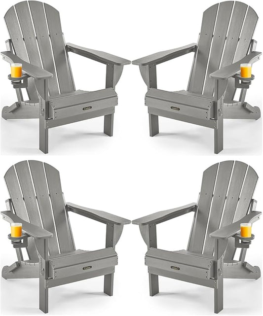 Ciokea Folding Adirondack Chair Wood Texture 4 Pack, Patio Adirondack Chair Weather Resistant, Plastic Fire Pit Chair with Cup Holder, Lawn Chair for Outdoor Porch Garden Backyard Deck (Grey)