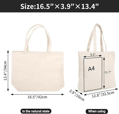 Segarty Canvas Tote Bag with Zipper, 24 Pack 16x13 Reusable Bags for Women, Blank Canvas Tote Aesthetic with Natural Cotton Cloth, Shoulder Strap, Bulk for DIY, Grocery, Beach, Travel，Gift
