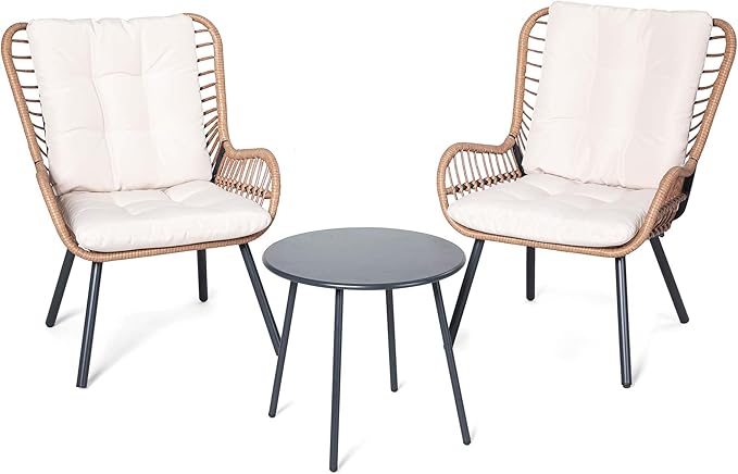 LAUSAINT HOME 3 Piece Outdoor Bistro Set, Small Patio Furniture Set with Coffee Table and Thick Cushions, Front Porch Furniture for Lawn, Garden, Balcony, Poolside, White