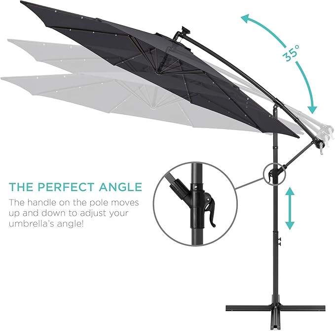 Best Choice Products 10ft Solar LED Offset Hanging Market Patio Umbrella for Backyard, Poolside, Lawn and Garden w/Easy Tilt Adjustment, Polyester Shade, 8 Ribs - Gray