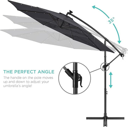 Best Choice Products 10ft Solar LED Offset Hanging Market Patio Umbrella for Backyard, Poolside, Lawn and Garden w/Easy Tilt Adjustment, Polyester Shade, 8 Ribs - Gray