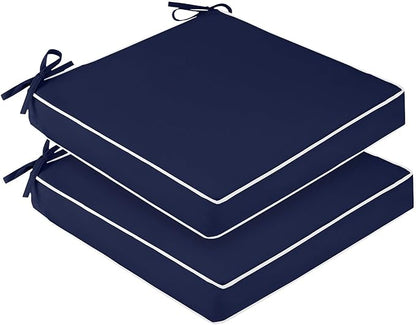 downluxe Waterproof Outdoor Chair Cushions Set of 2, 19" x 19" x 3" Patio Chair Cushion with Non-Slip Ties & Handle, Square Outdoor Cushion for Patio Furniture with Removable Cover, Navy/White