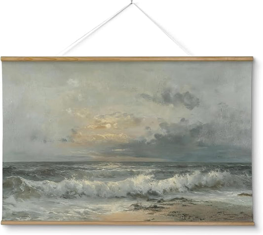 ARPEOTCY Extra Large Vintage Framed Wall Art, 36x54 Inch Sunset over the Sea Landscape Hanging Canvas Prints Scroll Wall Art Decor for Living Room Bedroom, Retro Scenery Pictures Above of Bed