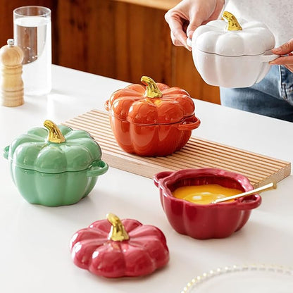 Pumpkin Bowl Set with Lid and Handle, Set of 2 Ceramic Ramekins for Baking, Casserole Dish Individual Severing Pot, Stoneware, Oven Safe, 14 Oz (Green)