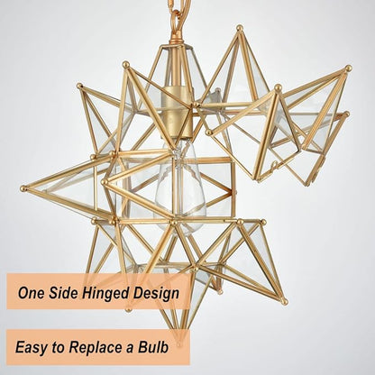 DIRYZON Modern Moravian Star Pendant Light for Kitchen Island Boho Gold Hanging Ceiling Light with Clear Glass Adjustable Chain,16 Inch