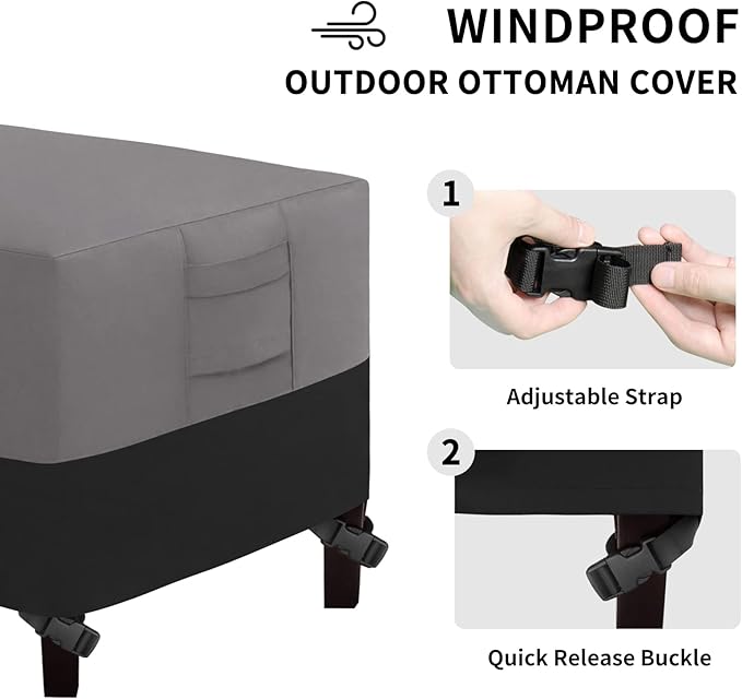 Easy-Going Outdoor Ottoman Cover, Waterproof Patio Ottoman Cover, Heavy Duty Outdoor Furniture Cover with Padded Handles (34"x24"x17", Gray/Black)