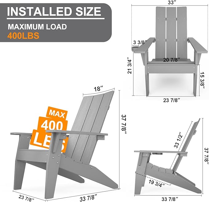 MXIMU Modern Adirondack Chairs Set of 4 Weather Resistant with Cup Holder Oversize Plastic Fire Pit Chairs Plastic Outdoor Chairs for Firepit Area Seating (Grey)