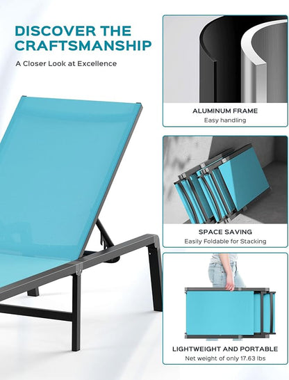 Ciokea Patio Chaise Lounge Chair Set of 2, Foldable Lounge Chairs for Outside, Aluminum Chairs with 5 Adjustable Backrest, Outdoor Pool Lounger for Lawn, Poolside, Deck, Lake Blue