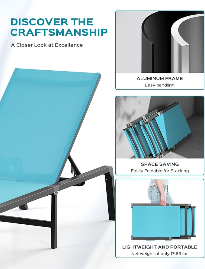 Ciokea Patio Chaise Lounge Chair Set of 4, Foldable Lounge Chair for Outside, Aluminum Chairs with 5 Adjustable Backrest, Outdoor Pool Lounger for Poolside, Lawn, Patio, Lake Blue