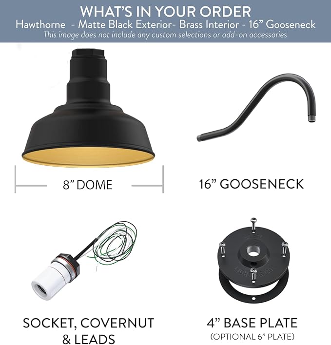 Steel Lighting Co. | Dusk to Dawn | Hawthorne Barn Light | Outdoor Wall Mounted | 8 in Dome | 16 inch Gooseneck| Small Farmhouse Light Made in America | Matte Black Exterior/Brass Interior