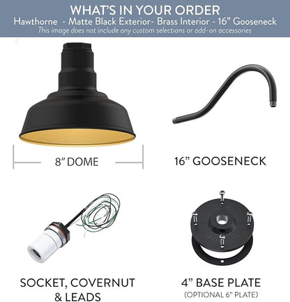 Steel Lighting Co. | Dusk to Dawn | Hawthorne Barn Light | Outdoor Wall Mounted | 8 in Dome | 16 inch Gooseneck| Small Farmhouse Light Made in America | Matte Black Exterior/Brass Interior