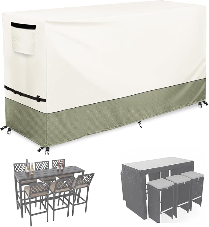 7 Piece Bar Height Patio Dining Set Cover,100% Waterproof Outdoor 60 Inch Rectangular High Wicker Bar Table and Chairs Sets Cover, Bar Table Set Covers for Patio Furniture Set, Beige