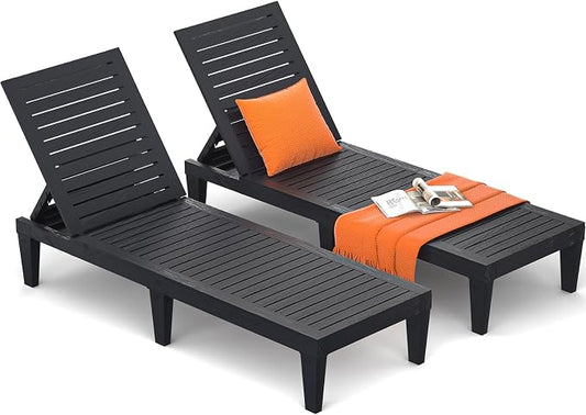Outdoor Lounge Chairs Set of 2 for Poolside Patio, Weather-Resistant Pool Chaise Lounge with Adjustable Backrest, Resin Tanning Chair Sun Lounger for Outside Deck, Beach, Sunbathing, Black