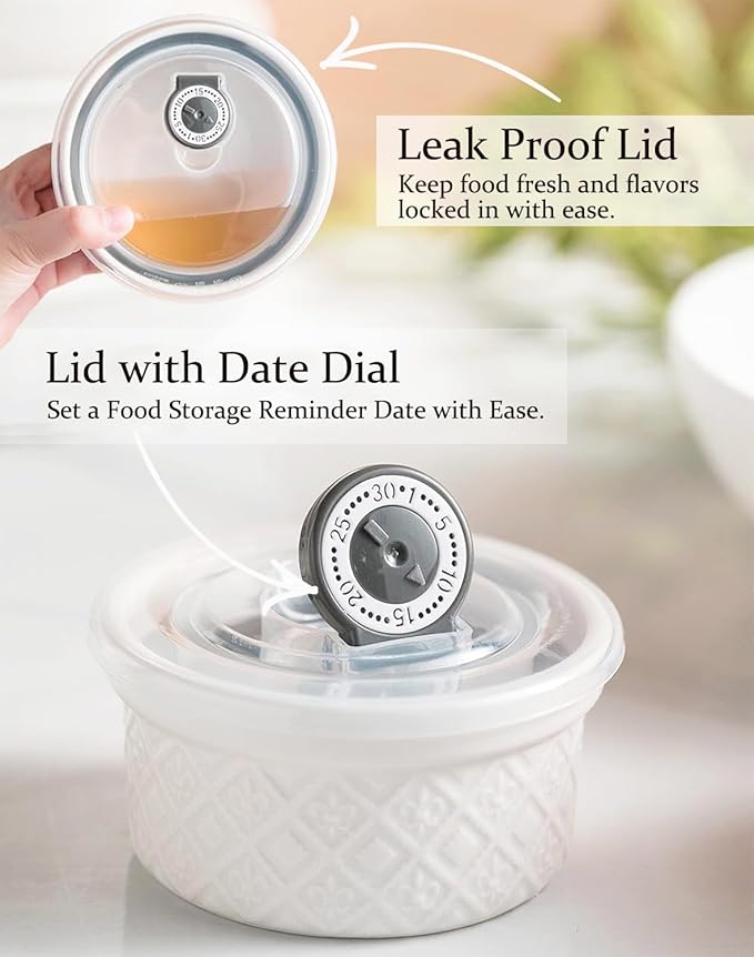 Large Mixing Bowls with Airtight Lids, Classic White Porcelain Embossed Nesting Salad Bowls for Baking and Cooking, 12/16/28/40oz Serving Bowls Set of 4, Oven and Dishwasher Safe, Thanksgiving Gift