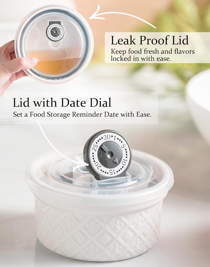Airtight Food Storage Containers with Lids Mixing Bowls Set, Ceramic Serving Bowls with Lids Set of 4, 12/16/28/40 oz Stackable Nesting Salad Bowls for Cooking, Baking, Ramen - Beige