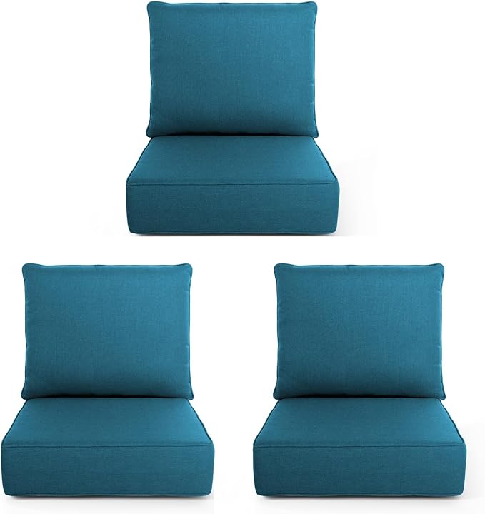 Outdoor Chair Cushions, 6 Inch Thick Patio Seat & Back Cushions Set with Removable Cover, Waterproof Patio Cushions for Outdoor Furniture, 24 x 24 Inch, Turquoise 3-Set