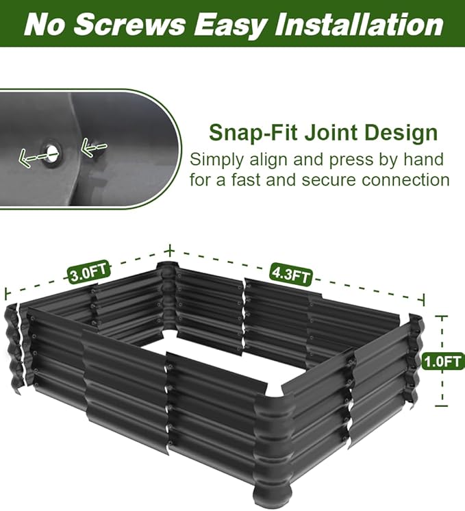 4.3x3x1ft Raised Garden Bed Kit for Outdoors, Rustproof PP Raised Planter Box, Large Garden Box Flower Bed with Press-Fit Assembly, Gardening Containers for Vegetables Flowers Herbs, Balck