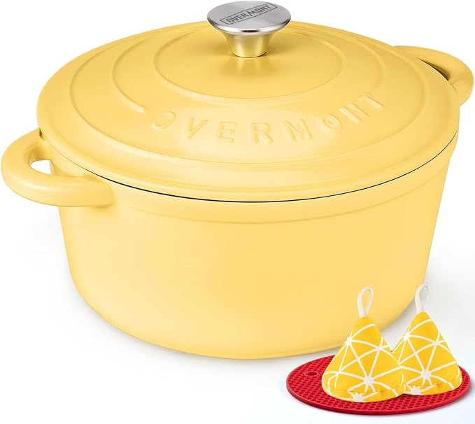 Overmont Enameled Cast Iron Dutch Oven - 7QT Pot with Lid Cookbook & Cotton Potholders - Heavy-Duty Cookware for Braising, Stews, Roasting, Bread Baking GooseYellow