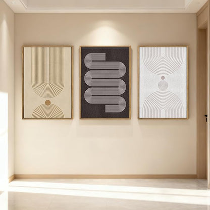 Anyzal Large Abstract Framed Wall Art 16x24 Inch Black Tan Neutral Canvas Wall Decor Modern Minimalist Geometric Line Artwork for Living Room Bedroom Set of 3