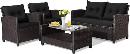 HAPPYGRILL 4 Pieces Patio Furniture Set Outdoor PE Rattan Conversation Set with 2-Tier Coffee Table, Extra Storage Shelf and Cushions, Patio PE Wicker Sofa Set for Garden Backyard Poolside