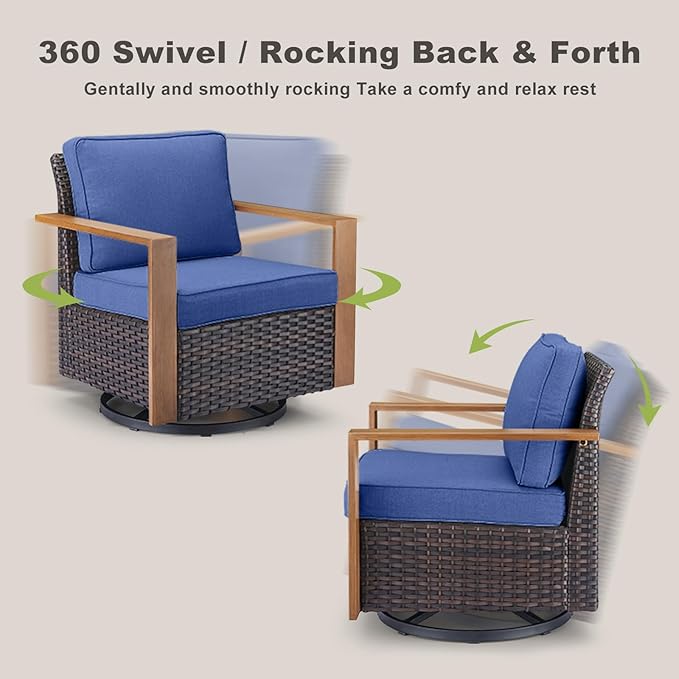 Rilyson Outdoor Wicker Patio Furniture Set - 6 Piece Patio Conversation Set with 2 Wicker Swivel Rocker Chairs,2 Rattan Ottoman,1 Side Table and 1 Couch,Thick Cushions,Deep Seating(Brown/Blue)