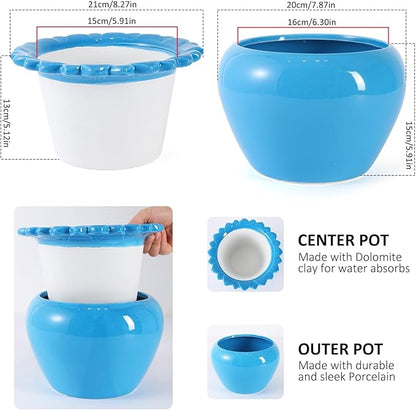 Large African Violet Pots 8 Inch Blue Ceramic Easy Plant Self Watering Pot Ceramic Flowerpot with Water Absorbing Inner Pot Orchid Planter Lawn Yard Outside Decor