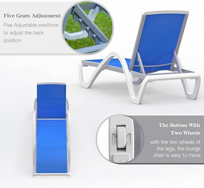 Domi Outdoor Lounge Chair, Aluminum Patio Chaise Lounge with 5 Position Adjustable Backrest and Wheels, All Weather Reclining Chair with Armrest for Patio, Yard,Balcony,Poolside (Blue)