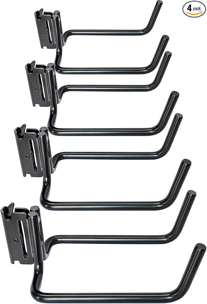 4 Pack E Track Double J Hooks, Heavy Duty Black Large Steel Shovel/Tool Hanger for Store Long Handled Tools, E Track Tie Down Accessories for Trailers, Trucks, Garden Tools Organizers Storage