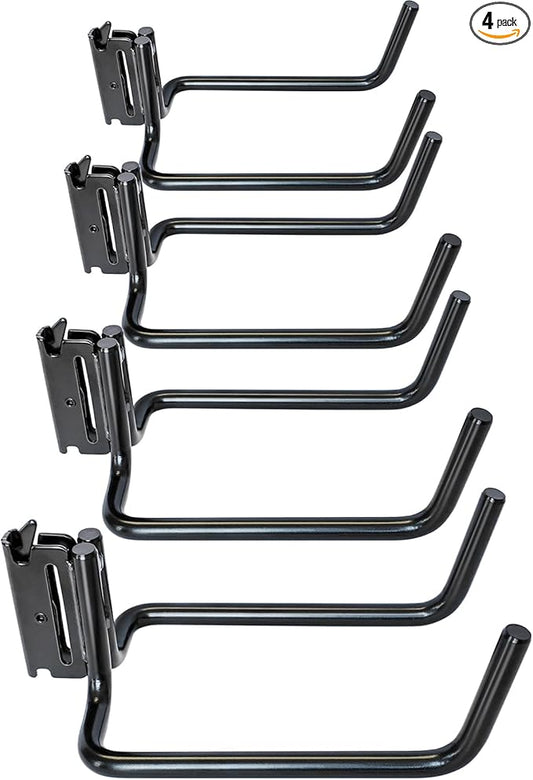 4 Pack E Track Double J Hooks, Heavy Duty Black Large Steel Shovel/Tool Hanger for Store Long Handled Tools, E Track Tie Down Accessories for Trailers, Trucks, Garden Tools Organizers Storage