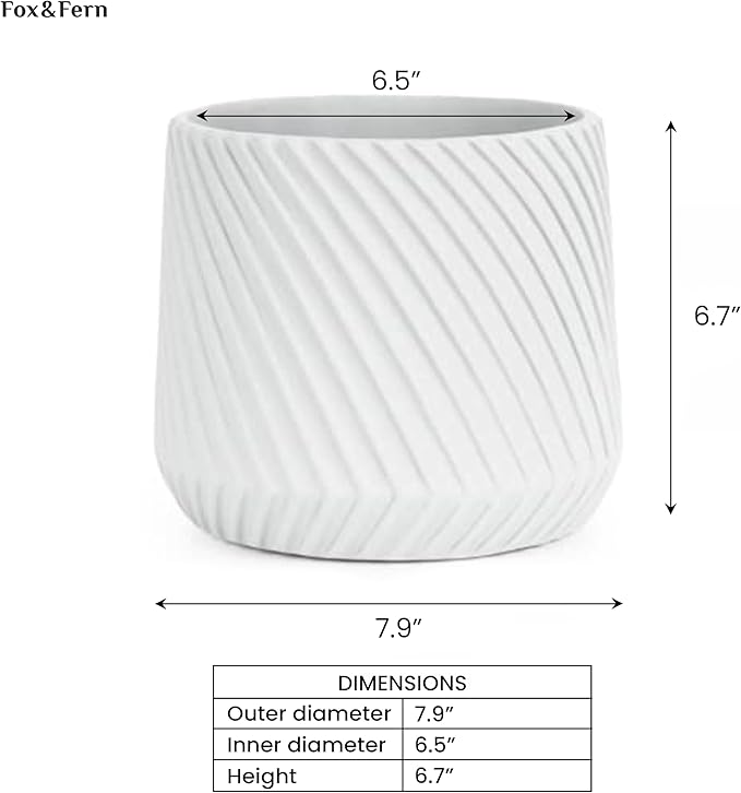 Fox & Fern 8 Inch Plant Pot with Drainage Plug — Premium Polystone White Plant Pot - Modern Planter with 3D Texture and Ceramic Finish - 8 Inch Pots for Plants Indoor & Outdoor - Lightweight