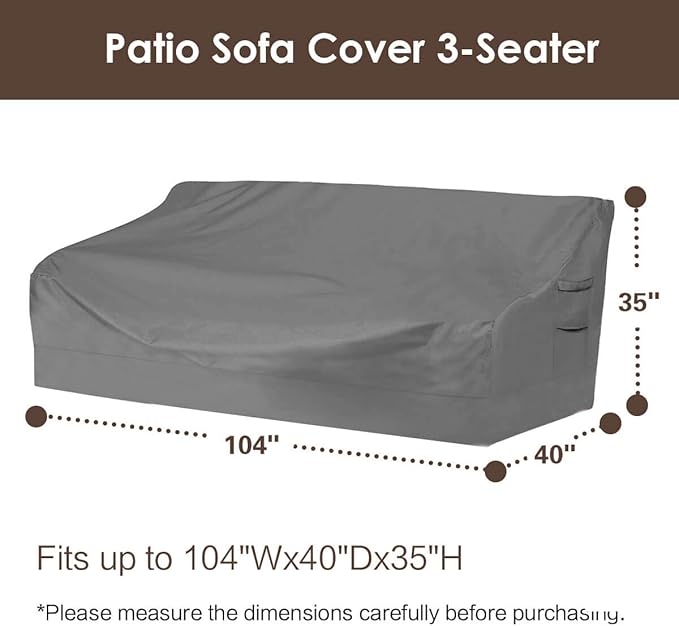 Vailge Heavy Duty Patio Sofa Cover, 100% Waterproof 3-Seater Outdoor Sofa Cover,Lawn Patio Furniture Covers with Air Vent and Handle,104" Wx 40" Dx 35" H,Grey