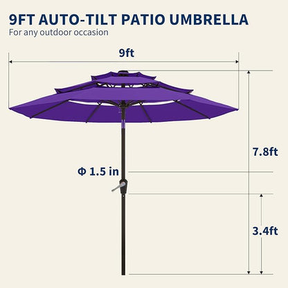9FT 3 Tiers Patio Umbrella With Auto Tilt And Crank, Outdoor Table Market Umbrella with 8 Sturdy Ribs for Garden, Lawn, Deck, Backyard and Pool
