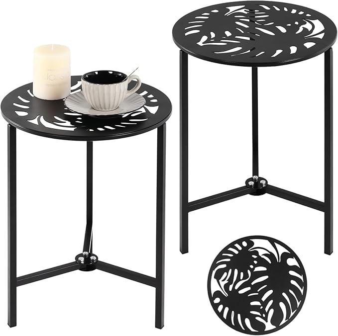 Party Zealot Set of 2 Small Round Metal Side Tables, 13-Inch Black Outdoor End Tables for Patio, Balcony, Porch or Garden – Weather-Resistant Corner Coffee Table for Small Spaces & Indoor Plant Stand