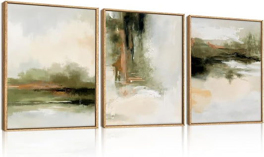 KAIRNE Green Abstract Neutral Framed Canvas Wall Art Set,Modern Watercolor Shapes Wall Decor,Minimalist Pastel Art Prints,Brown Gray Tan Artwork for Living Room,Bedroom,Farmhouse,Office-12 x16 x3