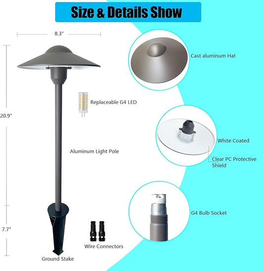 Low Voltage Path Light,Cast Aluminum Landscape Lighting Pathway Lights Walkway Driveway Light Yard Lighting Replaceable G4 LED Bulb,Wire Connectors Included 2-Pack Bronze Finish Round Hat