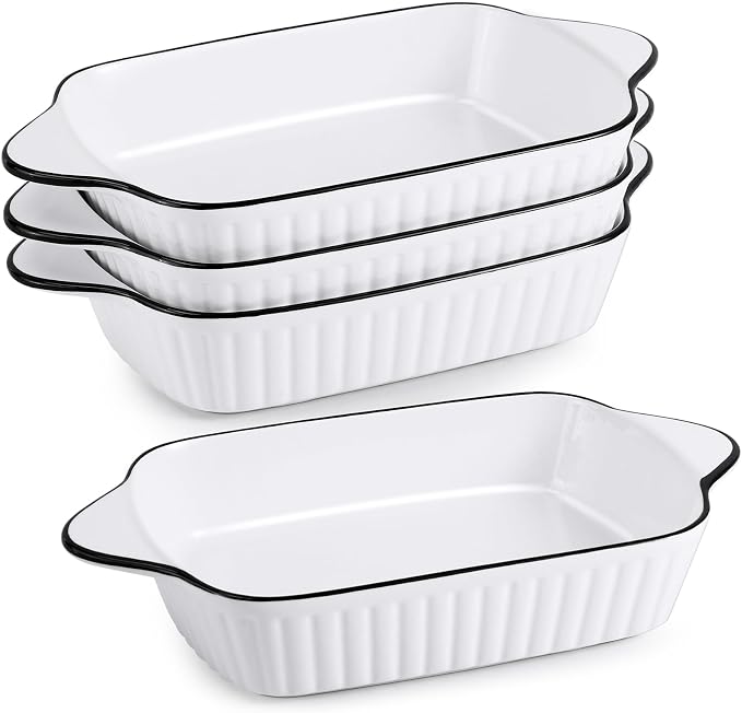 IJRPLM Small Baking Dishes Set of 4, 34 Oz Ceramic Baking Dish, Rectangular Ceramic Casserole Dishes with Handle, White Porcelain Bakeware for Cakes,Desserts, Oven Safe & Microwave Safe, 8.1x5.7x2''