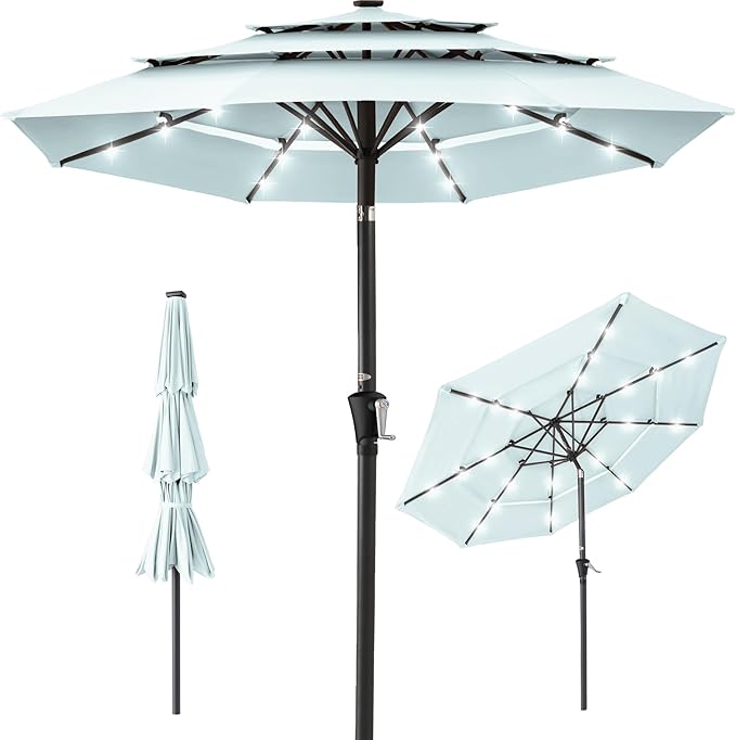 Best Choice Products 10ft 3-Tier Solar Patio Umbrella, Outdoor Market Sun Shade for Backyard, Deck, Poolside w/ 24 LED Lights, Tilt Adjustment, Easy Crank, 8 Ribs - Baby Blue