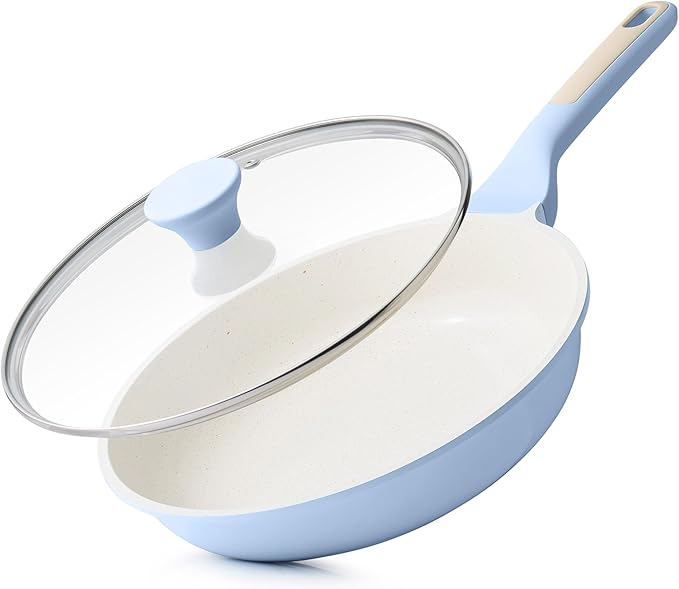 SENSARTE Nonstick Ceramic Frying Pan with Lid 9.5 Inch Omelet Pan Skillet, Free of Intentionally Added PFAS/PTFE Non-toxic Chef's Pan Induction Compatible Pan, Heat Resistant Handle, Glacier Blue