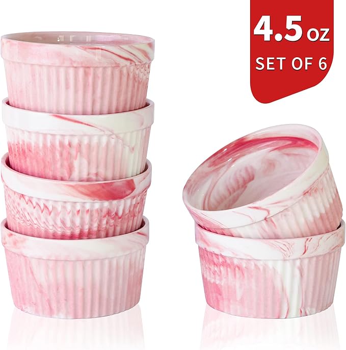 Yundu 4.5 Ounce Pink Marble Ceramic Ramekins - Perfect for Creme Brulee, Oven Safe Baking Bowls - Set of 6