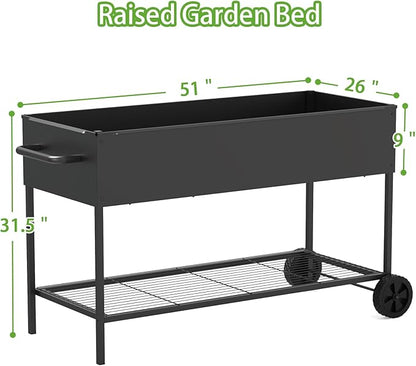 JWPEHOE 51 × 26 × 31.5 Inches Raised Garden Bed with Legs/Storage Shelf, Mobile Planter Box for Outdoor Plants, Elevated Garden Bed for Backyard, Balcony, Black