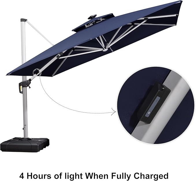 PURPLE LEAF 11 Feet Solar Powered LED Square Cantilever Umbrella With Base Patio Umbrellas Windproof Hanging Umbrella Outdoor Offset Umbrellas, Navy Blue