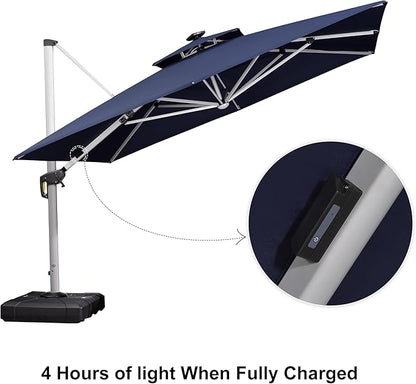 PURPLE LEAF 11 Feet Solar Powered LED Square Cantilever Umbrella With Base Patio Umbrellas Windproof Hanging Umbrella Outdoor Offset Umbrellas, Navy Blue